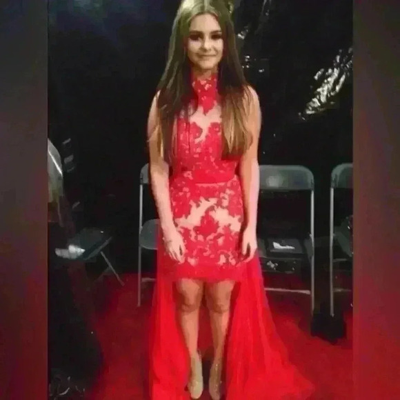 Red and Cream Floral Lace Halter Neck Evening Gown Prom Dress - Picture 3 of 17